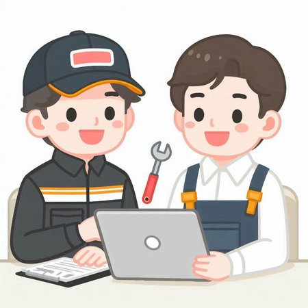 mechanic man and boy working with a computer, vector illustrationのイラスト素材