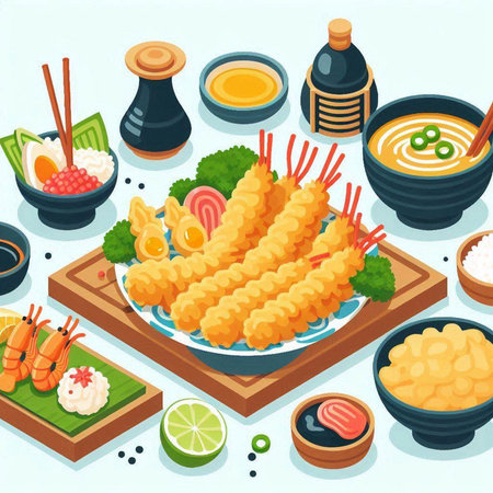 Japanese cuisine isometric background with shrimps tempura and vegetables vector illustrationのイラスト素材