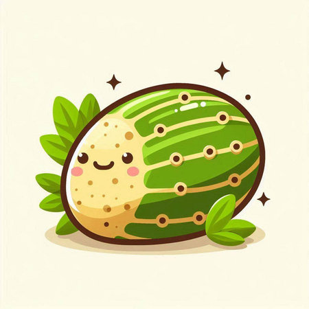 Cute cartoon watermelon with green leaves and stars. Vector illustration.のイラスト素材
