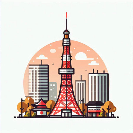 Tokyo tower in Tokyo, Japan. Vector illustration in flat styleのイラスト素材