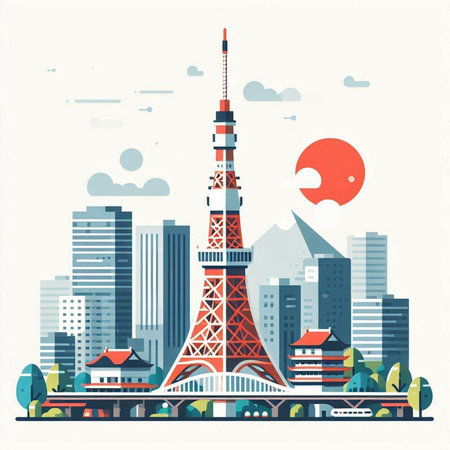 Tokyo tower in Tokyo, Japan. Vector illustration in flat styleのイラスト素材