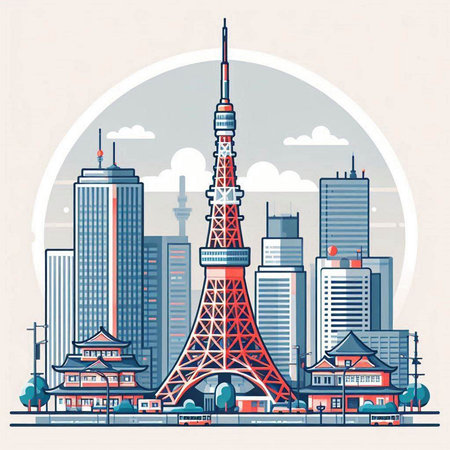 Tokyo skyline with Tokyo Tower. Vector illustration in retro style.のイラスト素材