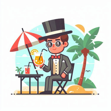 Cocktail party flat vector illustration. Man in a hat and glasses sitting at the table on the beach.のイラスト素材