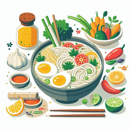 Noodle soup in bowl with chopsticks and vegetables. Vector illustration.のイラスト素材