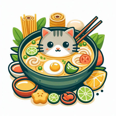 Kawaii cat in a bowl of noodle soup. Vector illustration.のイラスト素材