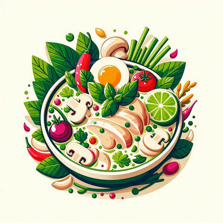 Bowl of chicken soup with vegetables and herbs. Vector illustration.のイラスト素材