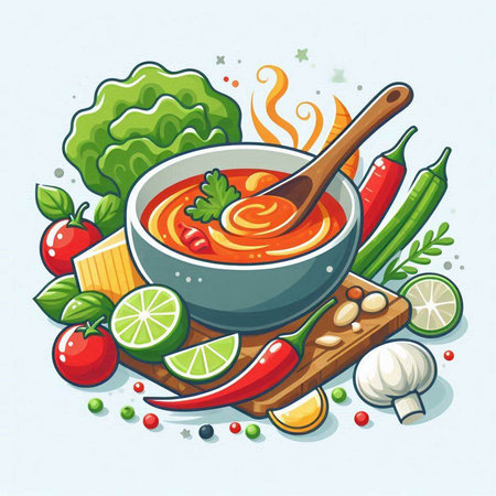 Vector illustration of a bowl of spicy soup with ingredients for cooking.のイラスト素材