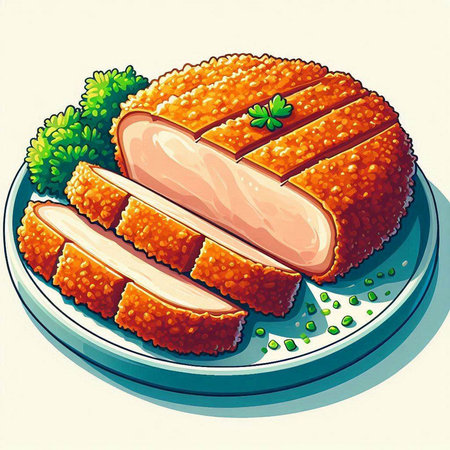 Illustration of a slice of pork cutlet on a plate.のイラスト素材