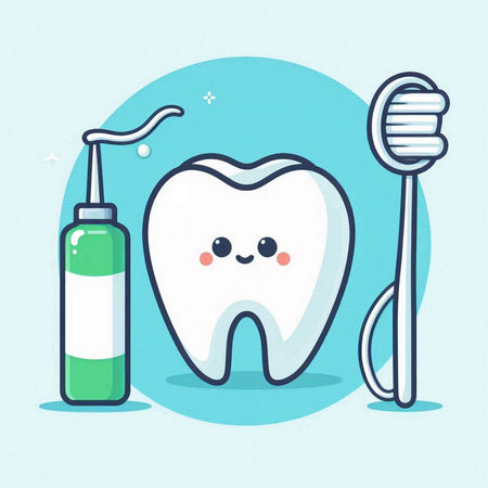 Cute cartoon tooth with toothbrush and toothpaste. Vector illustration.のイラスト素材