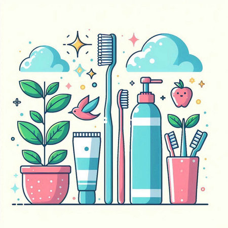 Vector illustration of toothbrushes, toothpaste, toothbrush, shampoo, toothpaste, dental floss, floss.のイラスト素材