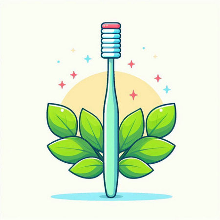 Toothbrush with green leaves. Vector illustration in cartoon style.のイラスト素材