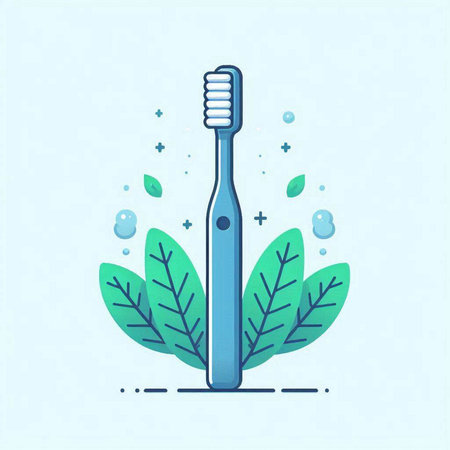 Vector illustration of a toothbrush with green leaves on a blue background.のイラスト素材