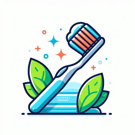 Toothbrush with toothpaste and green leaves. Vector illustration.のイラスト素材