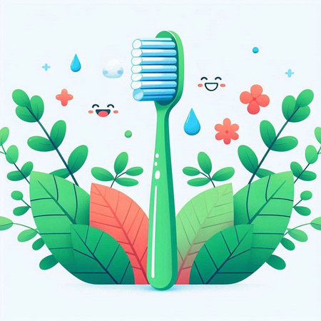 Vector illustration of a toothbrush on a background of leaves and flowersのイラスト素材