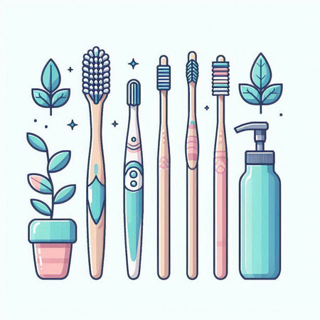 Vector illustration of a set of different types of toothbrushes.のイラスト素材