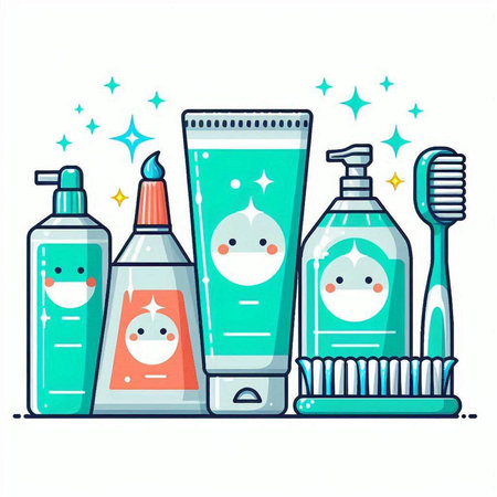 Set of hygiene products. Toothpaste, toothbrush, shampoo, shower gel, toothpaste. Vector illustration.のイラスト素材