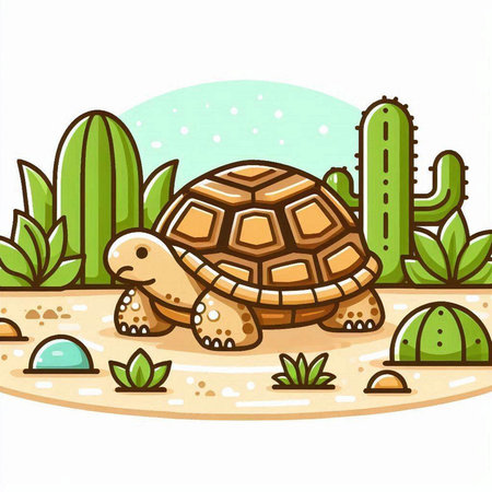 Turtle in the desert with cactuses. Vector illustration.のイラスト素材