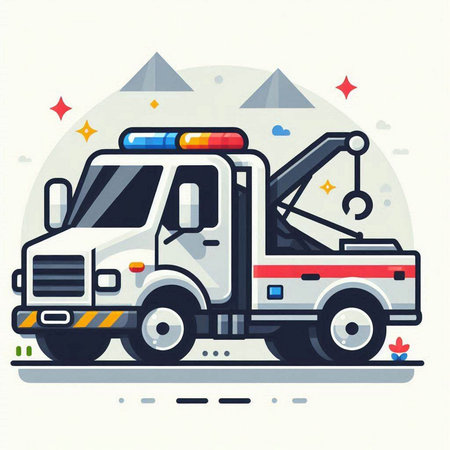 Vector illustration of tow truck. Flat line art design of tow truck.のイラスト素材