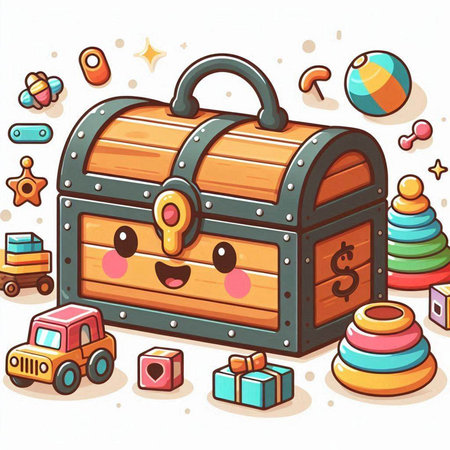 Illustration of a Cute Cartoon Wooden Chest Surrounded by Toysのイラスト素材