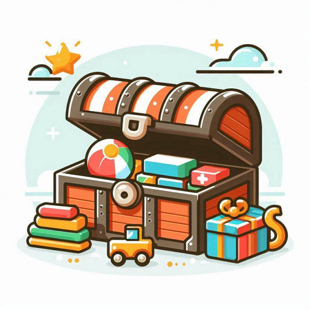 Wooden chest with treasure. Vector illustration in flat cartoon style.のイラスト素材