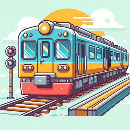 Vector illustration of a train on a railway station in flat style.のイラスト素材