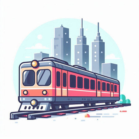 Train on the background of the city. Vector illustration in flat style.のイラスト素材