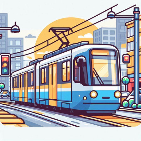 Modern tram on the city street. Vector illustration in flat style.のイラスト素材