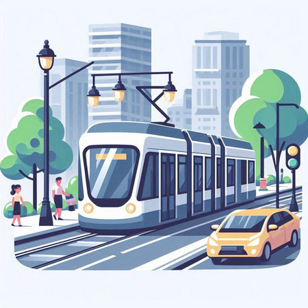 Modern tram on the street. Vector illustration. Cityscape with modern buildings.のイラスト素材