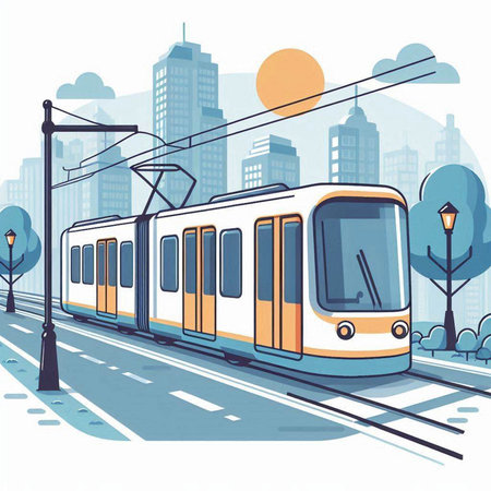 Modern Tram on the city street. Vector illustration in flat styleのイラスト素材