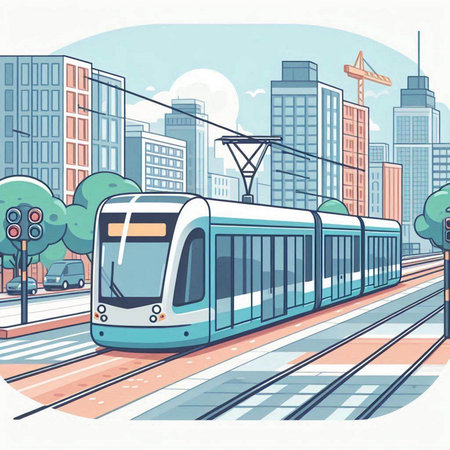 Modern tram on the city street. Vector illustration in flat style.のイラスト素材