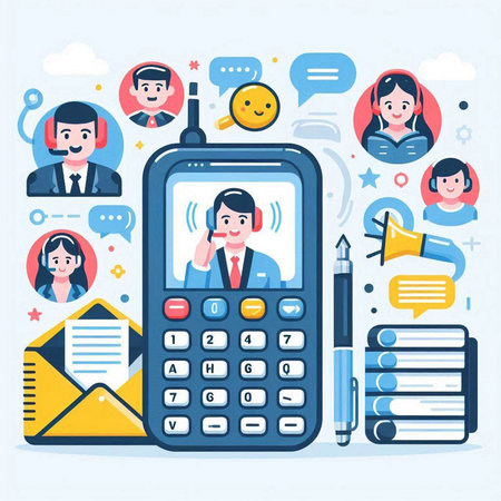 Mobile phone and customer service. Vector illustration in flat design style.のイラスト素材