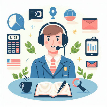 Vector illustration of a customer service agent in a flat style. Man in a headset with a book in his hands.のイラスト素材