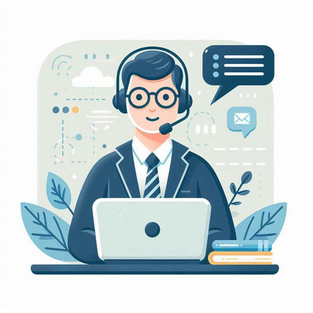 Call center operator with headset and laptop. Flat style vector illustration.のイラスト素材