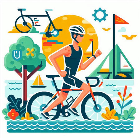 Cyclist in sportswear riding bicycle on the beach. Vector illustrationのイラスト素材