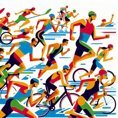 illustration of a group of triathlon athletes running, vector illustrationのイラスト素材