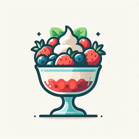 Ice cream in a glass bowl with berries. Vector illustration in flat style.のイラスト素材