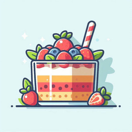 Strawberry cheesecake in a glass. Vector illustration in cartoon style.のイラスト素材