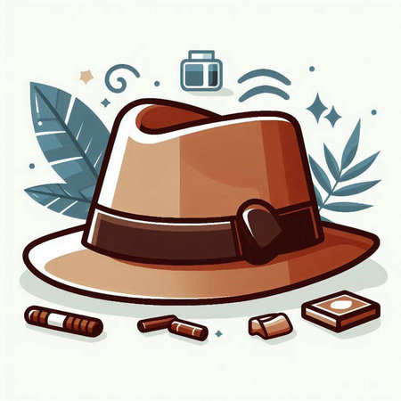 Illustration of a brown hat with chocolate and leaves on a white backgroundのイラスト素材