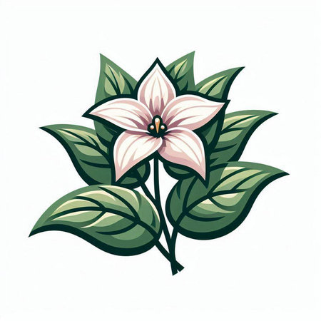Illustration of a white flower with green leaves on a white backgroundのイラスト素材