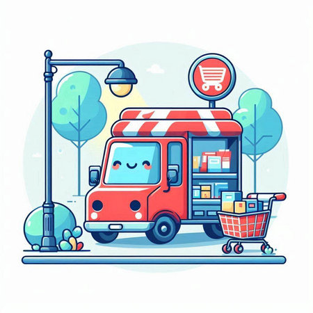 Food truck with shopping cart on the street. Vector illustration in flat styleのイラスト素材