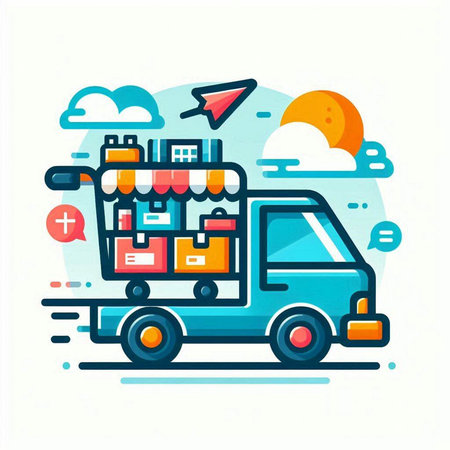 Truck with boxes. Online shopping concept. Vector illustration in thin line styleのイラスト素材