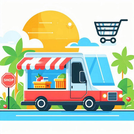 Food truck on the road with shopping cart, vector flat illustration.のイラスト素材