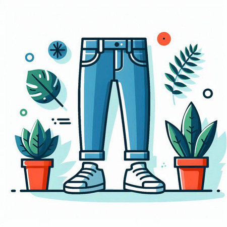 Jeans and plant in pots. Vector illustration in flat style.のイラスト素材