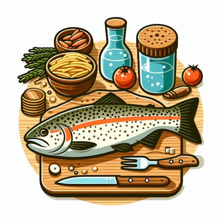 Vector hand drawn illustration of a rainbow trout in the water with mountains in the background.のイラスト素材