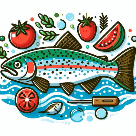 Vector illustration of a trout, fishing rod, reel, hook, feeder and other equipment.のイラスト素材