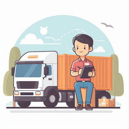 Delivery man holding clipboard and truck. Vector illustration in cartoon style.のイラスト素材