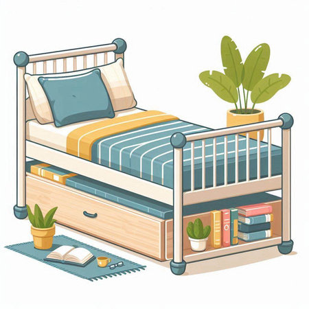 Illustration of a cozy bedroom with a bed, books and plantsのイラスト素材