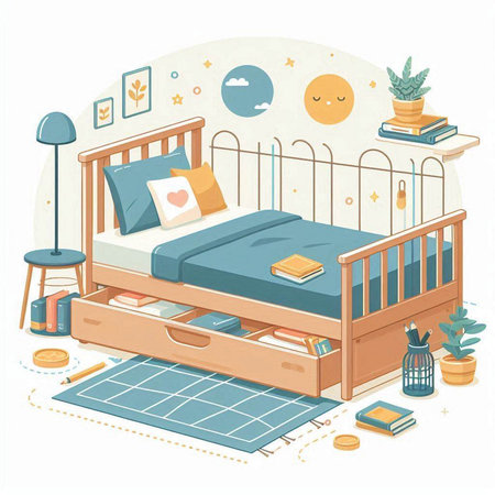 Vector illustration of a childrens bedroom with a bed and a bedside tableのイラスト素材