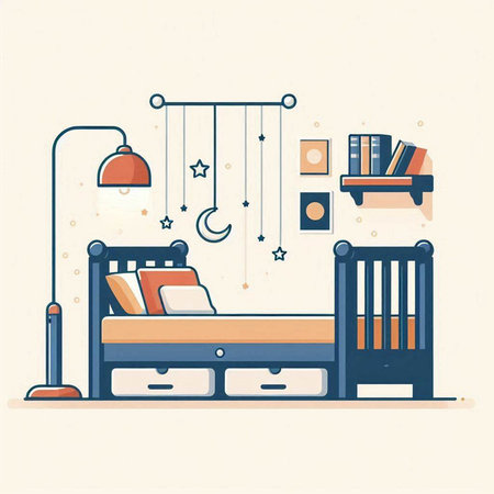 Illustration of a childrens room with a bed, a lamp, a bookshelf and a bedside table. Vector illustration.のイラスト素材