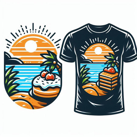 T-shirt print design with illustration of summer beach and sea landscapeのイラスト素材